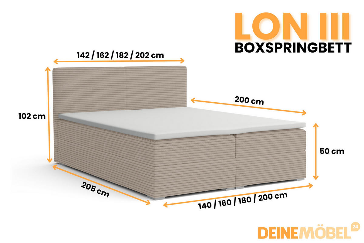 BOXBETT LON III 200/200 in Cord Beige H3 - Beige, Holz/Holzwerkstoff (200/200cm) - Deine Möbel 24