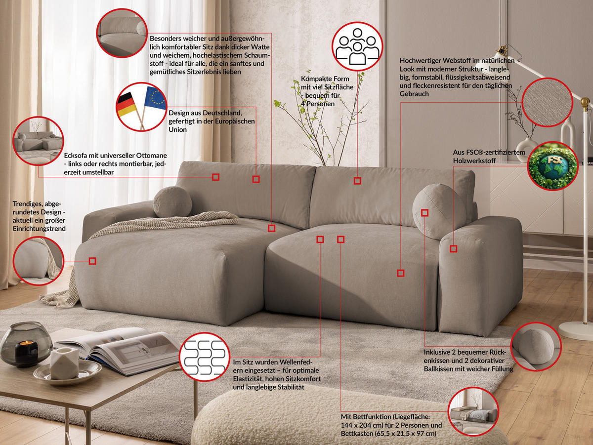 ECKSOFA Puffy mit Schlaffunktion und Bettkasten - besonders weich und puffig aus Greige Webstoff - Ottomane links - Greige/Schwarz, Holz/Kunststoff (138/266cm) - S-Style Möbel