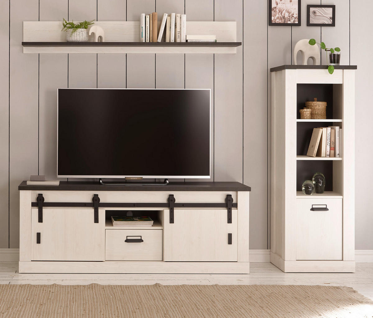 REGAL weiß Pinie, anthrazit, Landhaus, Regalschrank 51 x 146 cm - Anthrazit/Weiß, Holzwerkstoff/Metall (51/146/38cm) - Furn.Design
