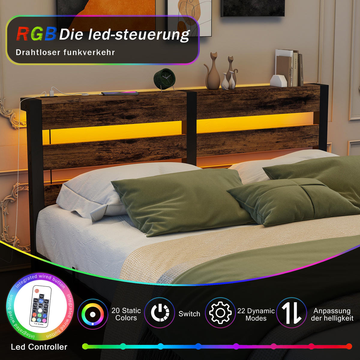 METALLBETT 120x200 cm LED USB Stauraum - Schwarz, Metall (120/200cm) - Fortuna Lai