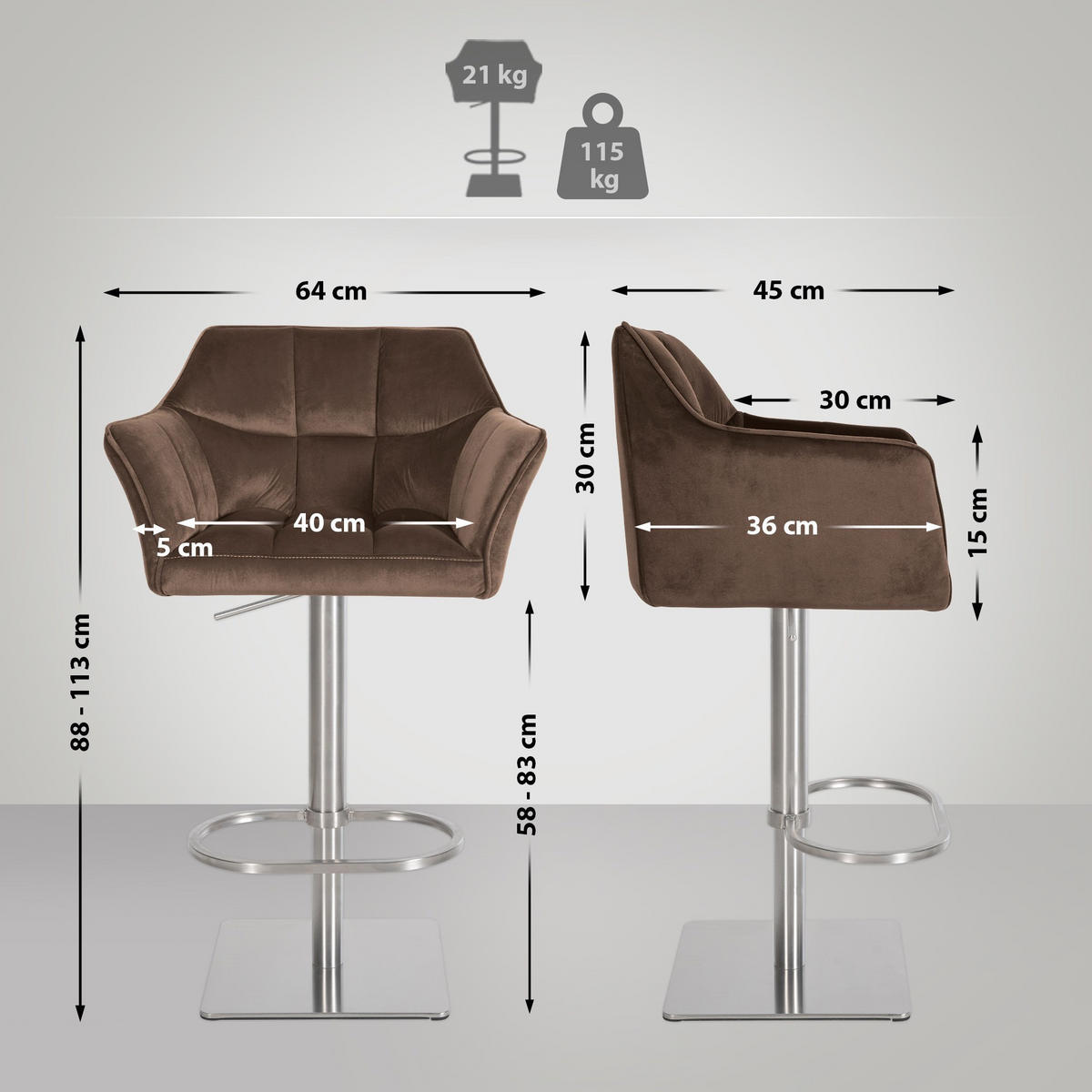 BARHOCKER 2er Set Samt Braun - Edelstahlfarben/Braun, Textil/Metall (64/88/45cm) - CLP