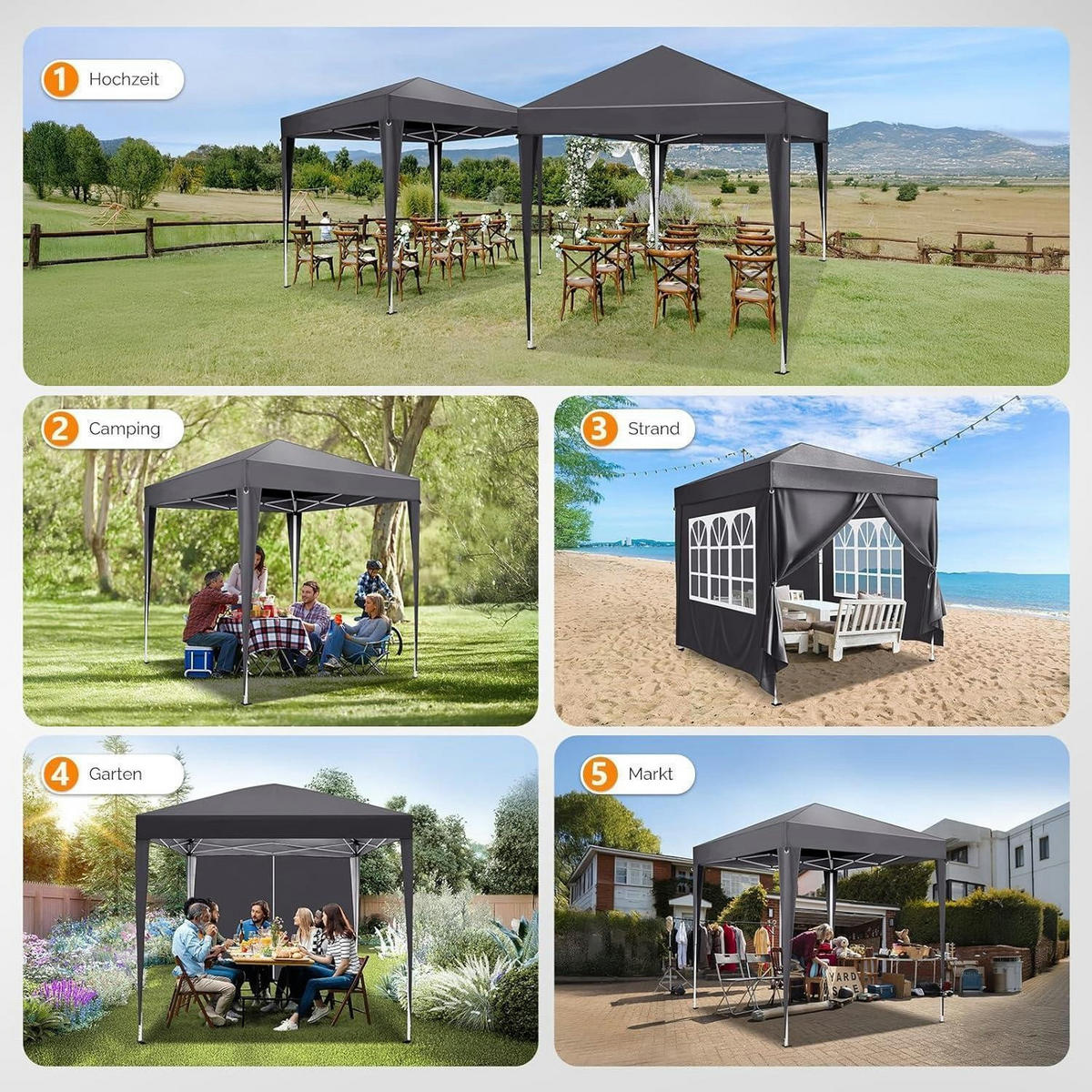 FALTPAVILLON 3x3m mit 4 Seitenteilen, höhenverstellbar in anthrazit - Anthrazit, Metall (300/260/300cm)