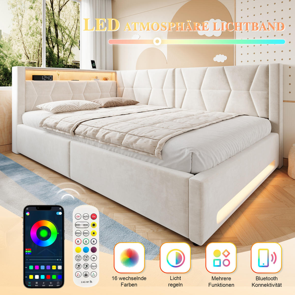 BOXBETT 140/200cm, LED/USB-C, Bettkasten, Lattenrost, Beige - Beige, Holz/Metall (140/200cm) - LVHOM