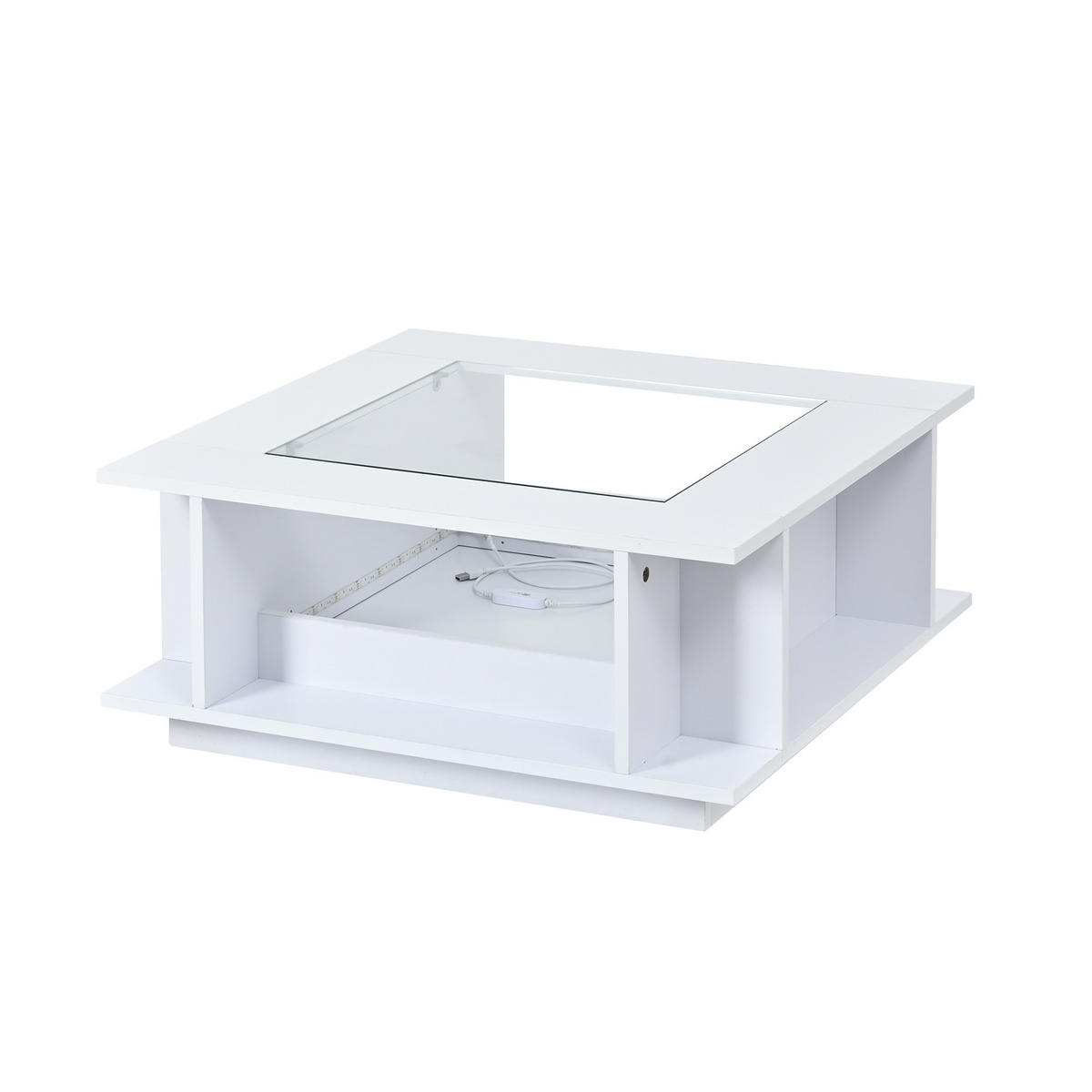 COUCHTISCH DE-37114 quadratisch mit Glasplatte und LED Weiß - Weiß, Holzwerkstoff (70/70/30cm) - ComfortXL