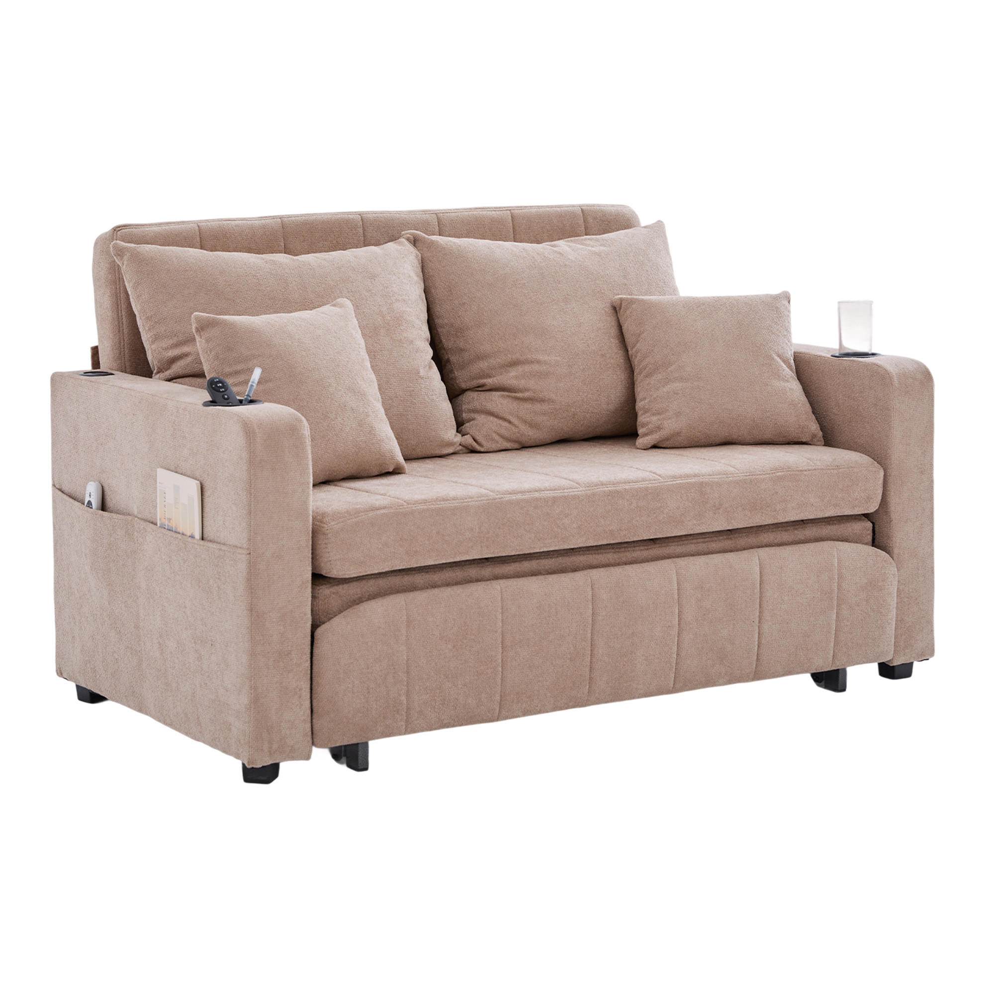 SCHLAFSOFA 139/83/58 cm mit Schlaffunktion, USB-Anschluss, Getränkehaltern und Armlehnentaschen, Chenille, Khaki - Beige, Textil (139/83/73cm) - Redom