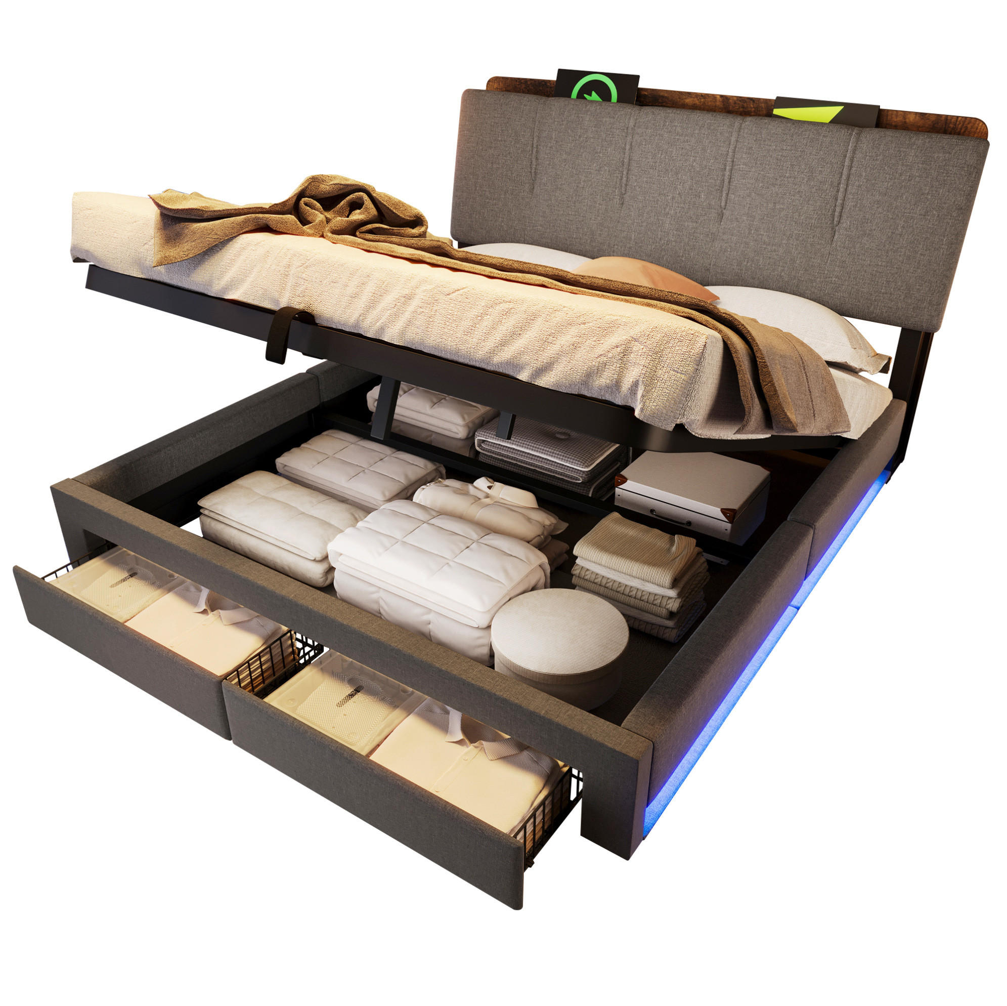 POLSTERBETT 140/200 cm mit LED, USB-C, Bettkasten und Schubladen, Leinen, Grau - Grau, Textil (140/200cm) - Redom