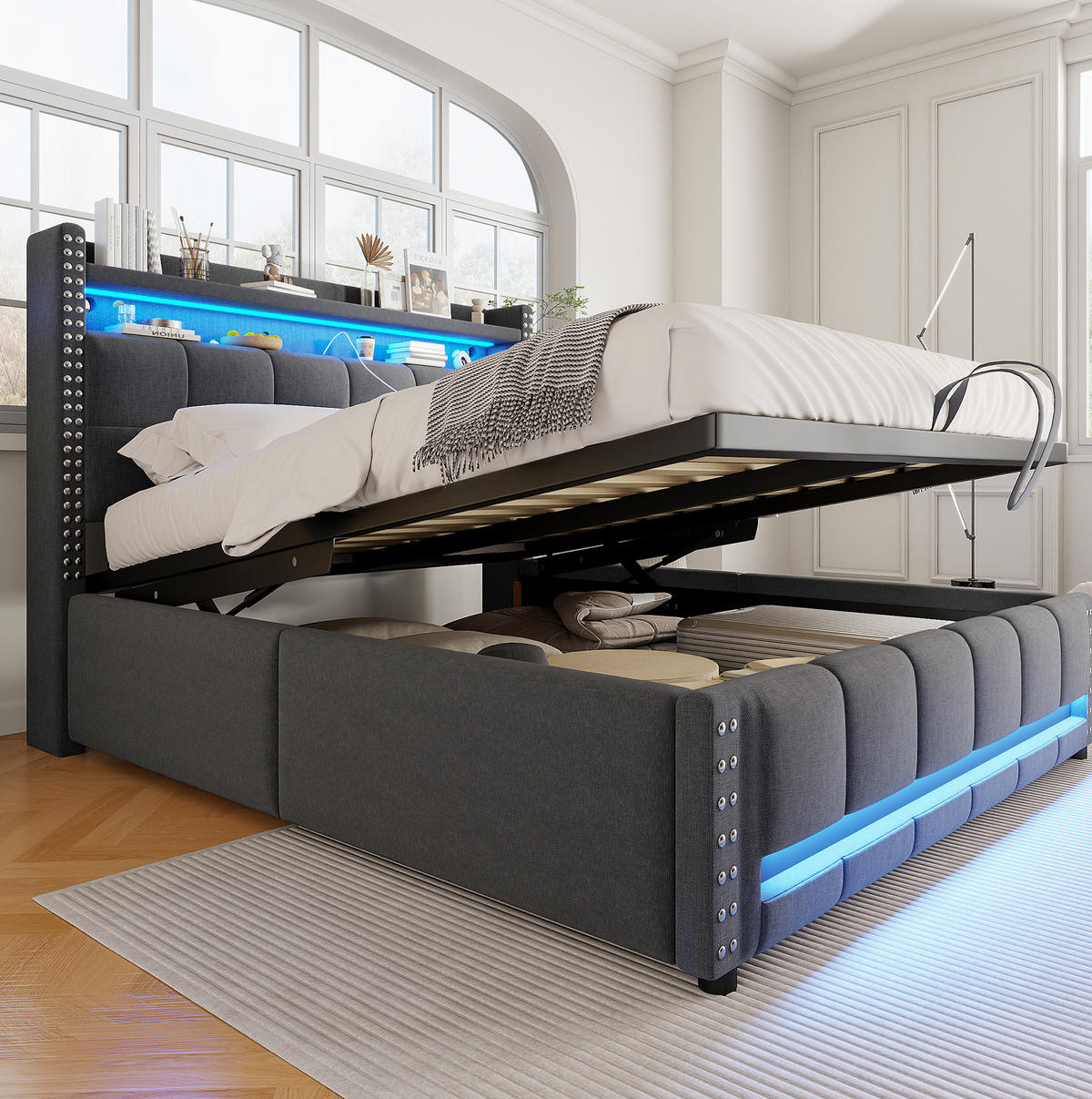 POLSTERBETT mit Stauraum und LED 160x200 cm Leinen Grau - Grau, Metall (160/200cm) - Meubliv