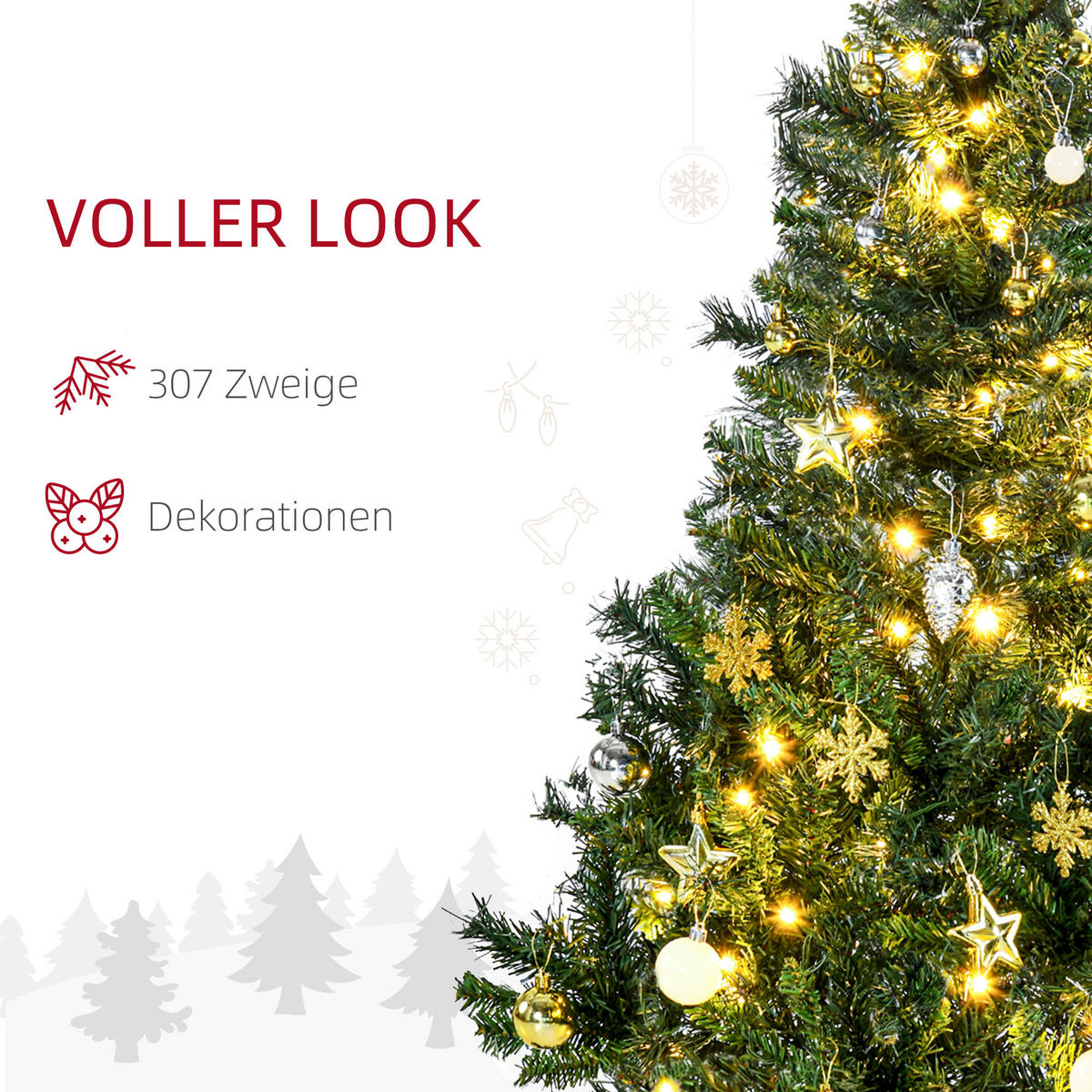 WEIHNACHTSBAUM Tannenbaum mit Deko 80/120 LEDs 307 Spitzen Ø75 x 120H cm - Grün, Kunststoff/Metall (120cm) - HOMCOM