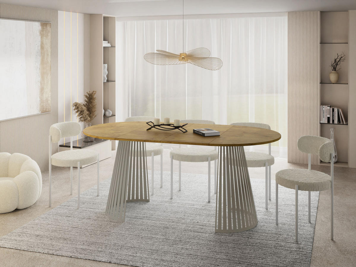 ESSTISCH Naro rund ausziehbar mit Lamellen-Metallgestell in Grau-Beige, Braun 100-180/100/76 cm - Kaschmir/Eichefarben, Holzwerkstoff/Metall (100/100/76cm) - WFL GROUP