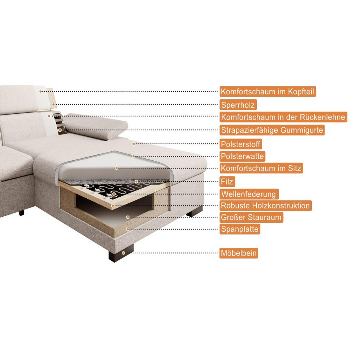 ECKSCHLAFSOFA Coco mit verstellbare Kopfstützen, grau, links - Grau, Textil (273/191cm) - Beautysofa