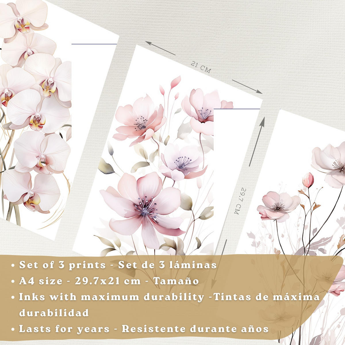 POSTER 3er-Set Wandbilder Orchidee Rosa modern Wohnzimmer Deko, Schlafzimmer, Küche, Badezimmer Rahmenlos A4 - Weiß, Papier (29.7/1/21cm) - Nacnic