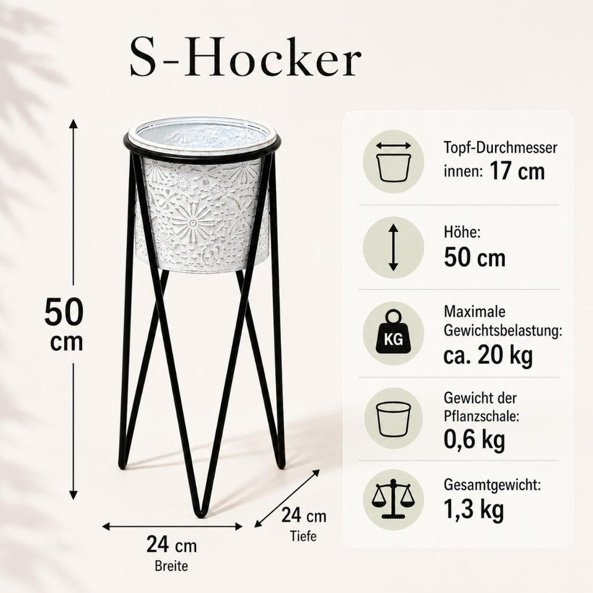 BLUMENHOCKER mit Topf Metall Schwarz/Weiß 24/24/50 cm - Schwarz, Metall (24/50/24cm) - DanDiBo