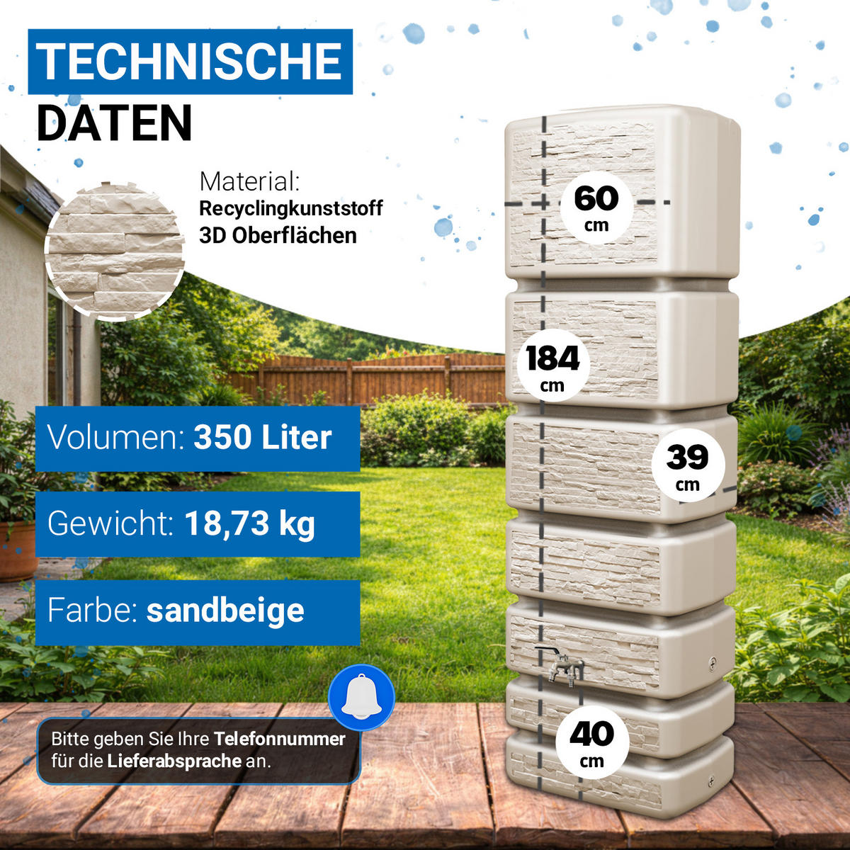 REGENTONNE Wandtank Komplett-Set 350 L, sandbeige inkl. Chrom-Doppelauslaufhahn und Fallrohranschluss - Beige, Kunststoff (39/184/60cm) - 4rain