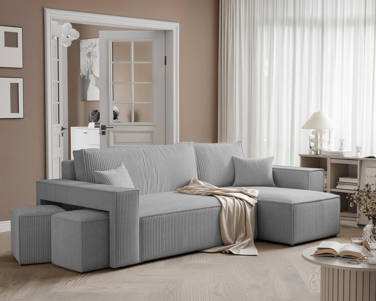 ECKSOFA PARIS mit Schlaffunktion und Bettkasten, Stoff Hellgrau - Hellgrau, Kunststoff/Textil (244/145cm) - Idohome