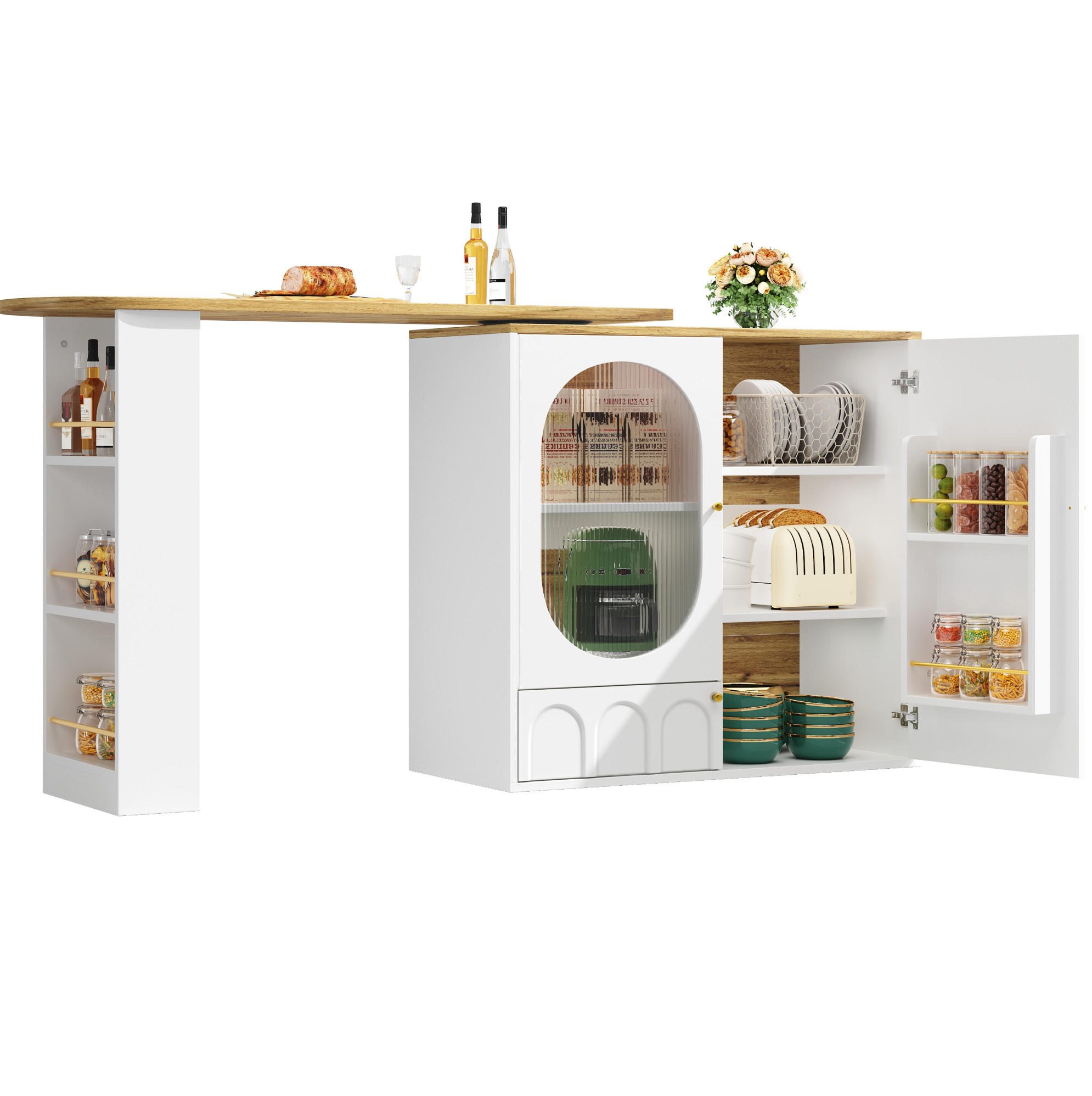 OKWISH BAROVÝ stůl 138/39/105 cm bílý z MDF a kovu s otočným přístavným stolkem a úložným prostorem
