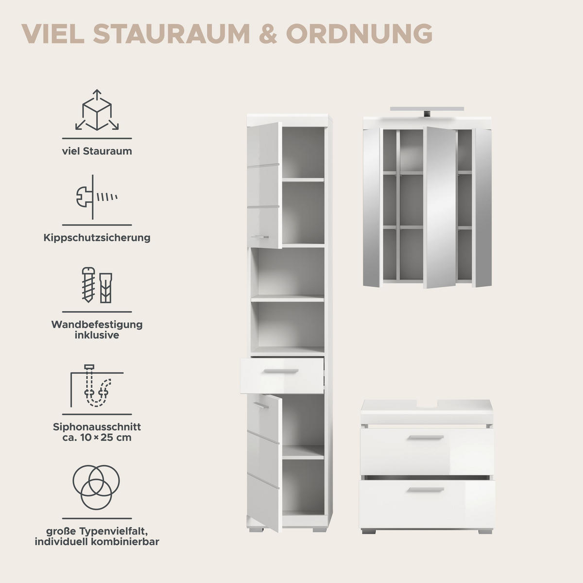 BADKOMBINATION 3tlg. Scout Bad in weiß Nachbildung und weiß hochglanz B/H/T: 112x191x34 cm - Weiß, Holz (112/191/37cm)