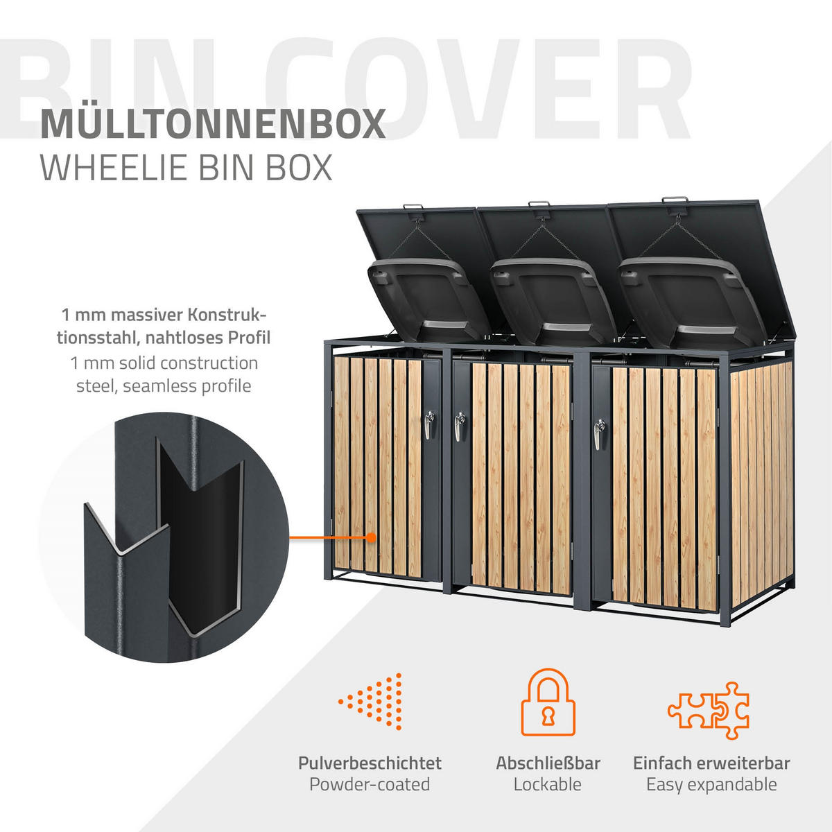 MÜLLTONNENBOX 3er Anthrazit-Lärchenoptik - Naturfarben, Metall (80/116.3/200cm) - ML-DESIGN