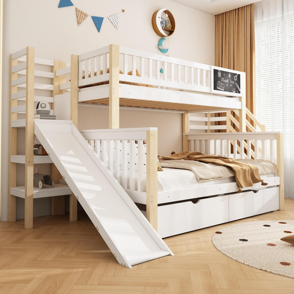 ETAGENBETT 90/200 cm & 140/200 cm in Weiß & Natur mit Rutsche, Tafel und Stauraum - Weiß, Holz/Holzwerkstoff (140/200cm) - CHICFURN