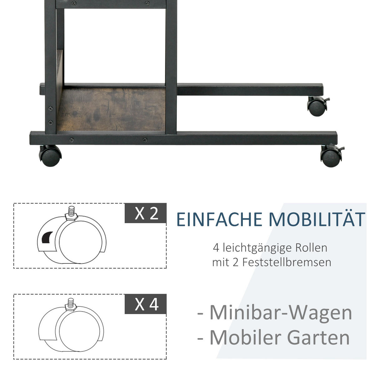 BEISTELLTISCH mit Rollen, Braun - Braun, Kunststoff (80/40/82cm) - HOMCOM