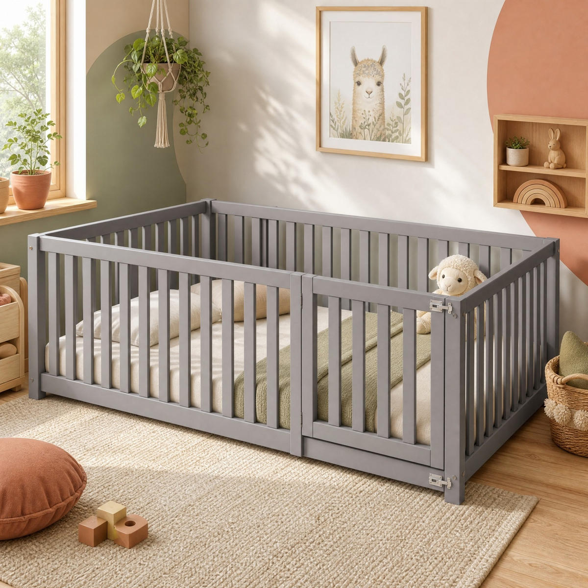 KINDERBETT 140/200 mit Massivholz,60 cm Zaun, Tür,offenem Reihen-Design und Montagewerkzeug in Grau - Grau, Holzwerkstoff (140/200cm) - EVRYAE
