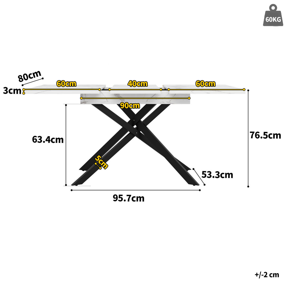 JEDÁLENSKÝ stôl 120-160/80/76,5 cm MDF biela/čierna, rozkladací - biela, kompozitné drevo (160/80/76.5cm) - BEAOK