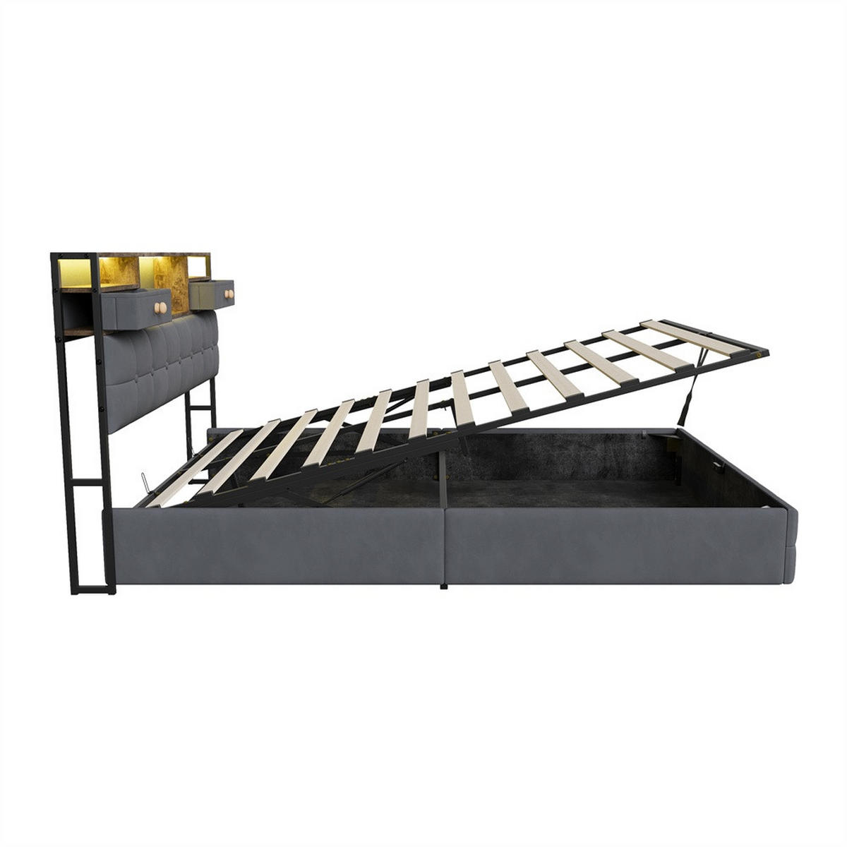 POLSTERBETT 140x200 cm - mit LED-Beleuchtung, 2 Nachttisch-Schubladen und hydraulischem Bettkasten - Grau - Grau, Textil (140/200cm) - DELFA