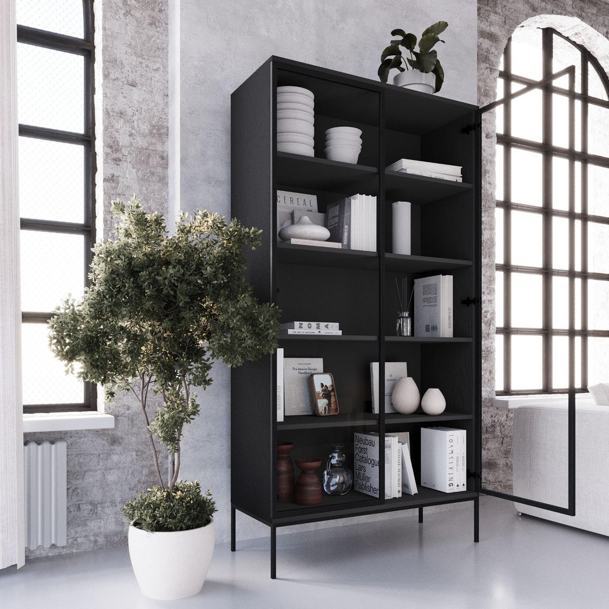 VITRINE Schwarz Industrial Mit Glastüren Auf Metallbeinen - Schwarz, Holzwerkstoff (100/190/41cm) - Sepro Meble