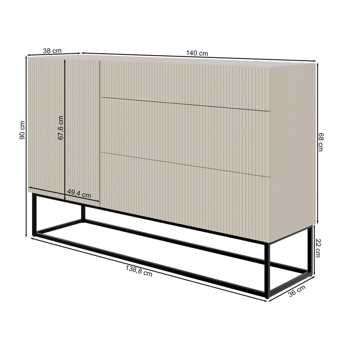 KOMODA Veldio šedobéžová s černým kovovým rámem 140 cm - černá/šedobéžová, kov/kompozitní dřevo (140/90/38cm) - Selsey
