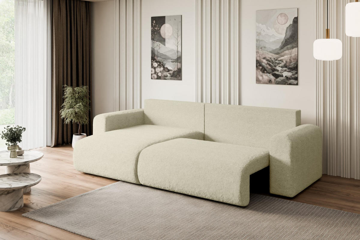ECKSOFA mit Schlaffunktion und Bettkasten ORRO-L - 272x145x83 cm Beige Bouclé - Beige/Schwarz, Holzwerkstoff/Kunststoff (272/145cm) - ALTDECOR