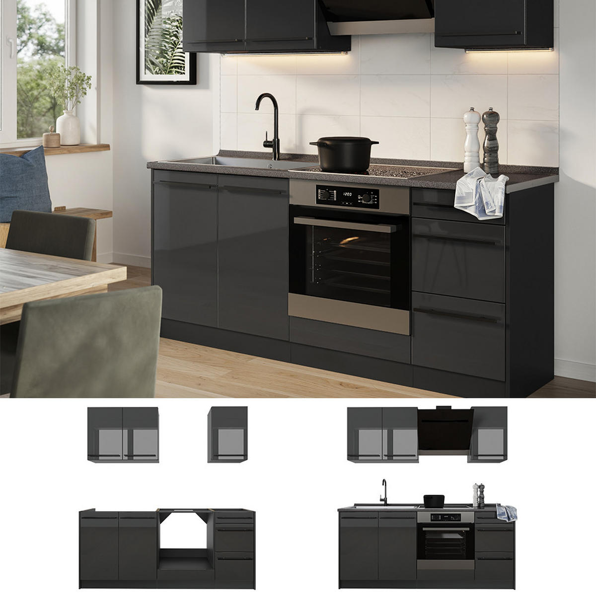 SINGLEKÜCHE R-Line, Anthrazit Hochglanz/Anthrazit, 180 cm ohne Arbeitsplatte - Schwarz Hochglanz/Anthrazit, Holzwerkstoff (180/206.8/46cm) - Vicco
