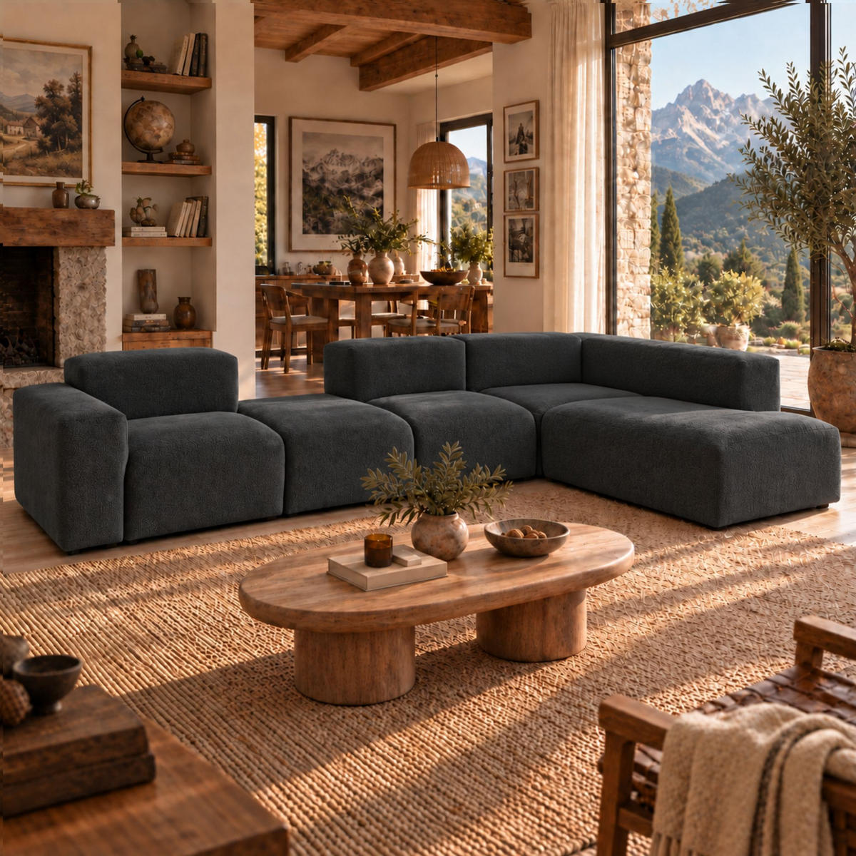 5-SITZER modulares Ecksofa HEAVEN SET 5 Rechts, Breite 380 cm Webstoff Schwarz - Schwarz, Holz/Kunststoff (245/380cm) - Muffo