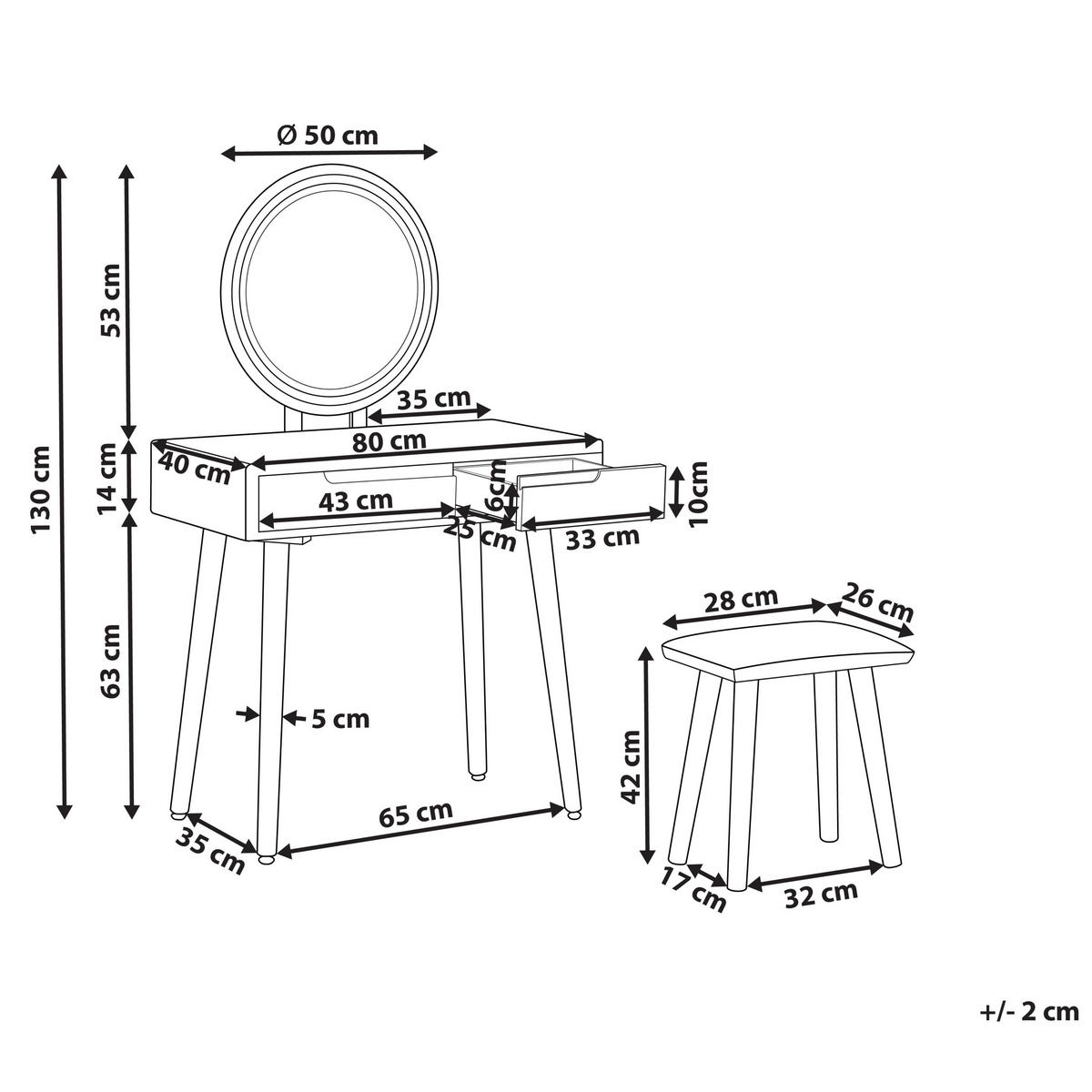 SCHMINKTISCH mit 2 Schubladen, LED-Spiegel und Hocker weiß/grau Josselin - Hellbraun/Weiß, Holzwerkstoff (80/130/40cm) - Beliani