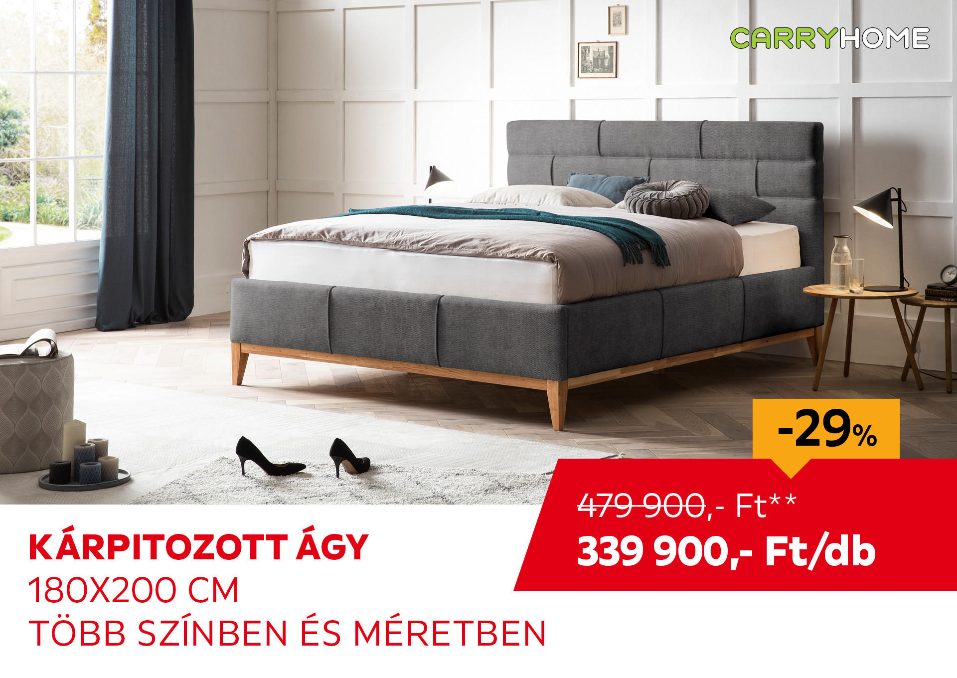 KÁRPITOZOTT ÁGY 180x200 cm ágyneműtartóval Kiemelt termék 479900 Ft.- helyett 339900 Ft.-