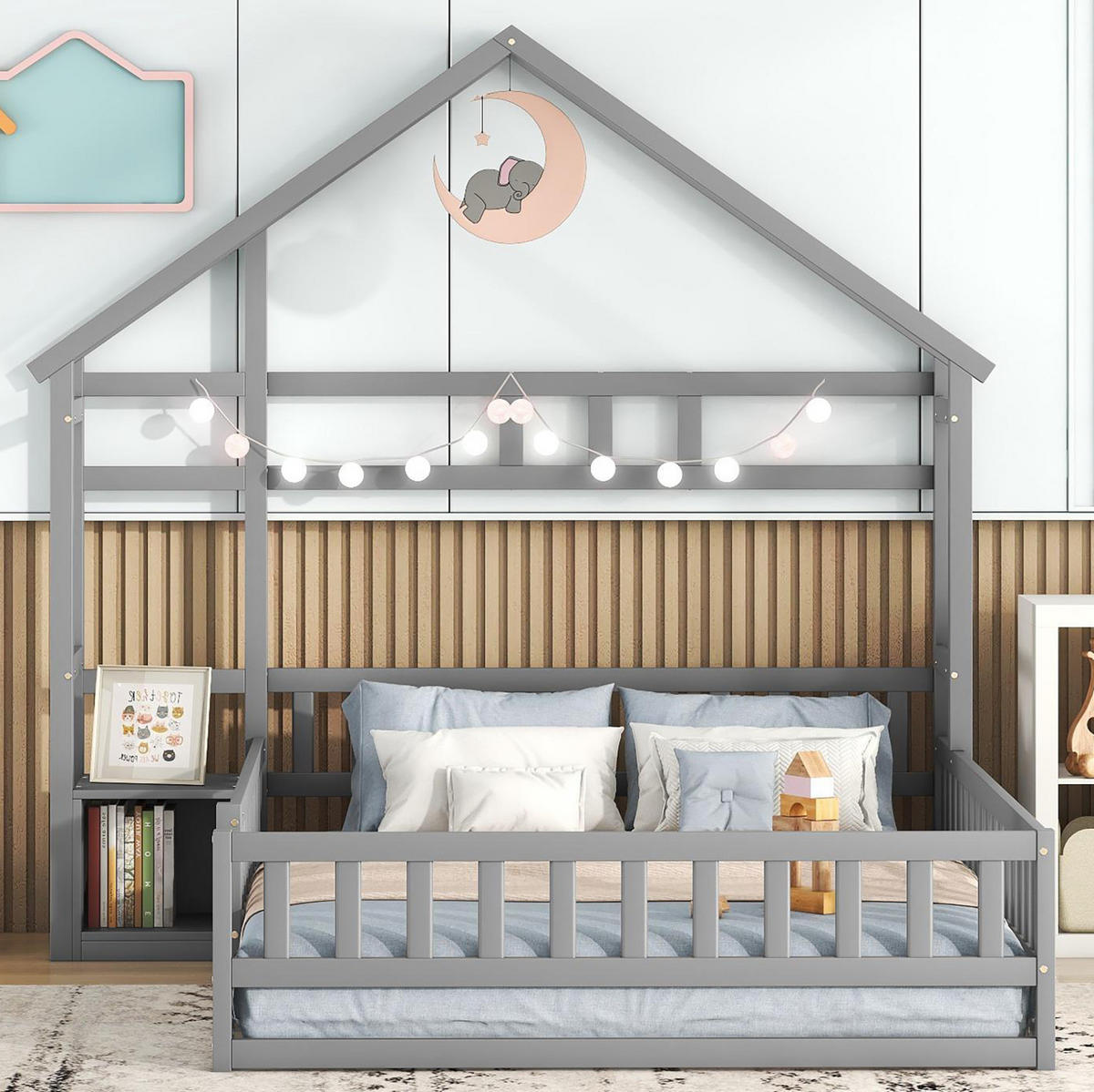 KINDERBETT 140/200 cm im Hausdesign mit Geländer und Nachttisch, Grau - Grau, Holzwerkstoff (140/200cm) - Redom