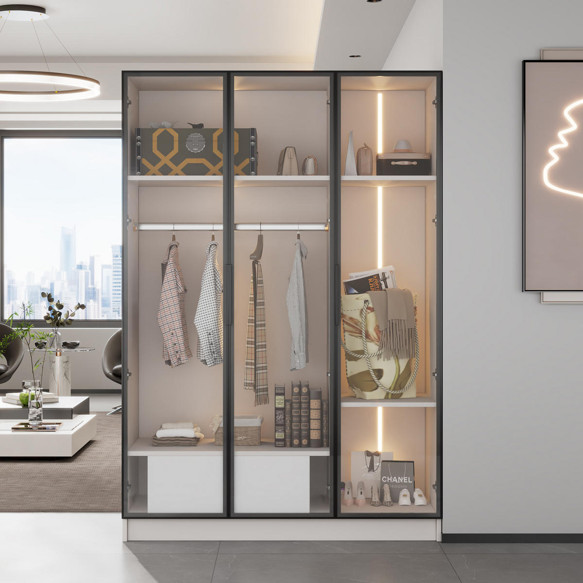 KLEIDERSCHRANK 110x50x160 cm Weiß mit LED und 3 Glastüren - Weiß, Holzwerkstoff (110/160/50cm) - FLIEKS