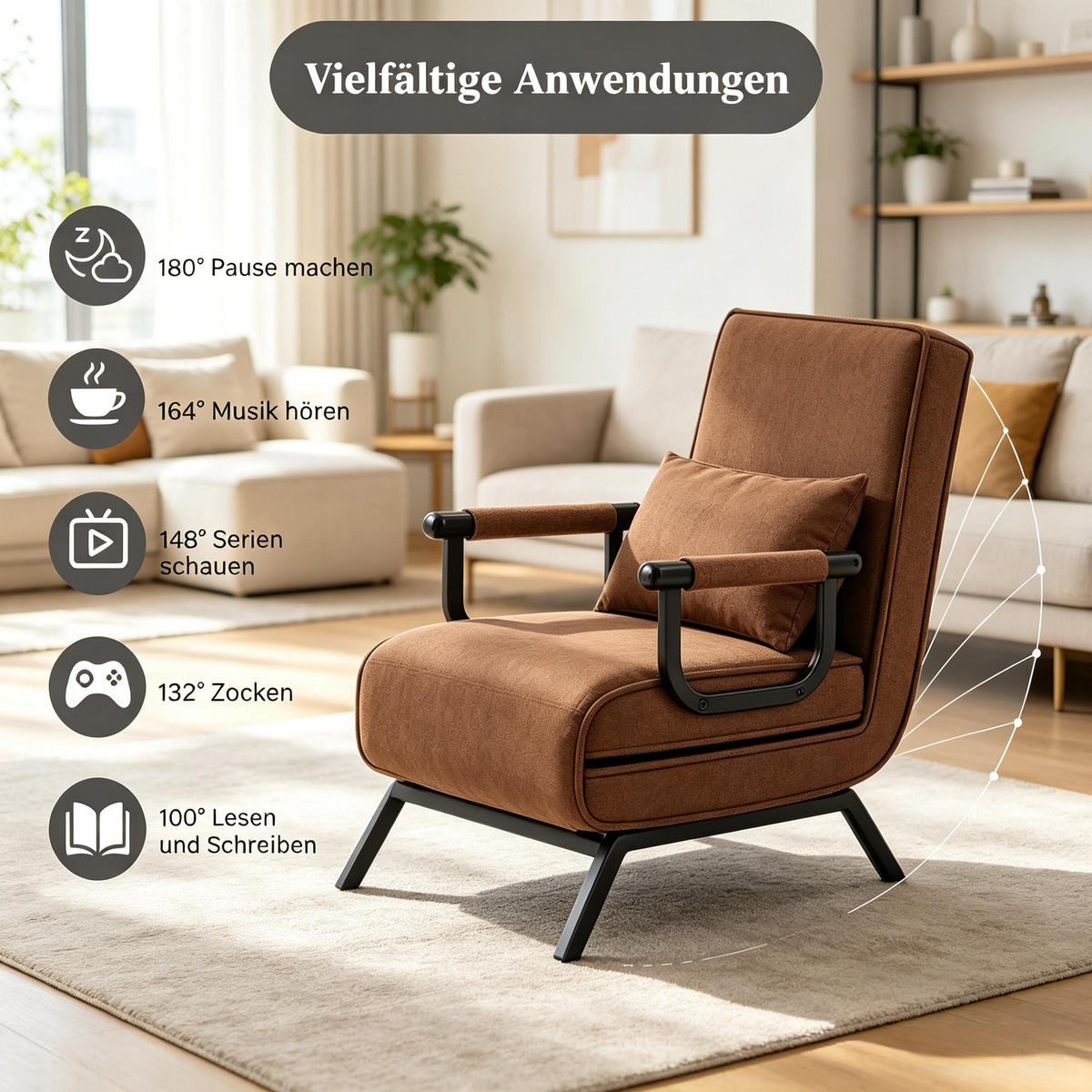 SCHLAFSESSEL 3-in-1, 5-fach verstellbar, DE-42146, Braun - Braun, Metall (75/78/65cm) - ComfortXL