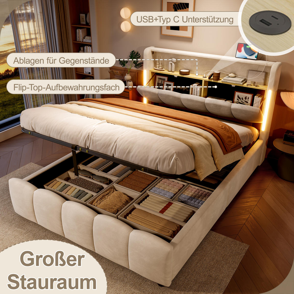 POLSTERBETT 140x200cm Beige Samt LED-Licht Kopfteil Hydraulik USB-C - Beige, Holz (140/200cm) - FLIEKS