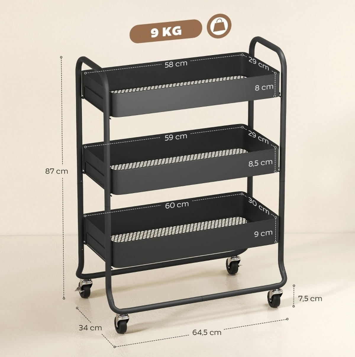 SERVIERWAGEN 64,5/87/34 cm Schwarz aus Metall mit 3-stufiger Aufbewahrung - Schwarz, Metall (34/87/64.5cm) - OKMYHOME