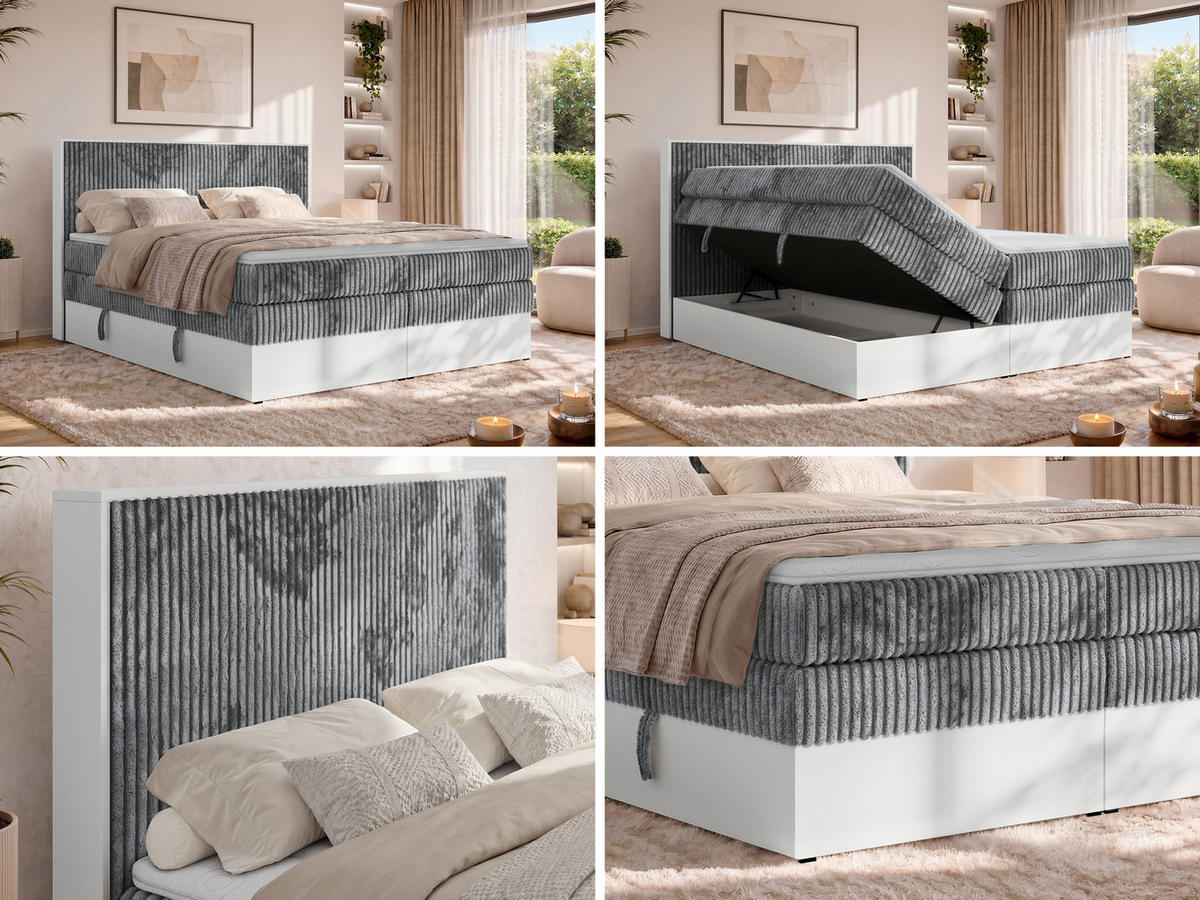 BOXSPRINGBETT TRAVIT KING 200/200 - Grau Cord - Topper Visco - H3 - Schwarz/Grau, Kunststoff/Textil (200/200cm) - MKS