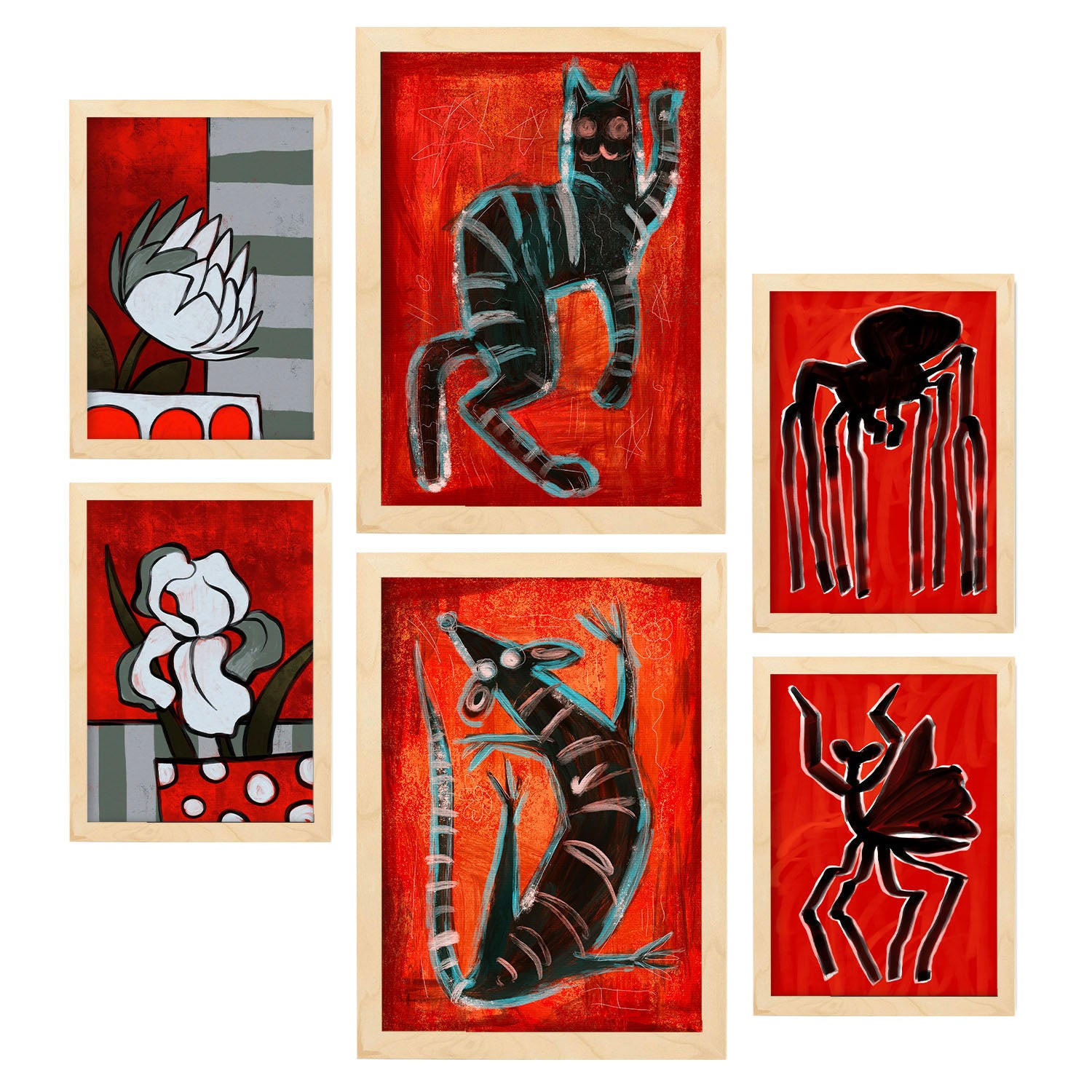 POSTER Set Mit 6 Kreaturen Frames 1 In Tiere Abstracts Ästhetische Dekorative Gemälde Für Ihr Wohnzimmer Zuhause A3 & A4 Rahmen Aus Hellem Holz - Beige, Papier (29/3cm) - Nacnic