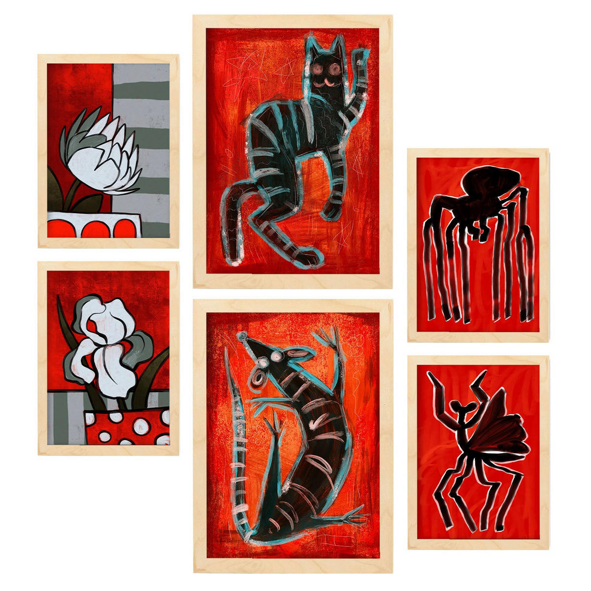 POSTER Set Mit 6 Kreaturen Frames 1 In Tiere Abstracts Ästhetische Dekorative Gemälde Für Ihr Wohnzimmer Zuhause A3 & A4 Rahmen Aus Hellem Holz - Beige, Papier (29/3cm) - Nacnic