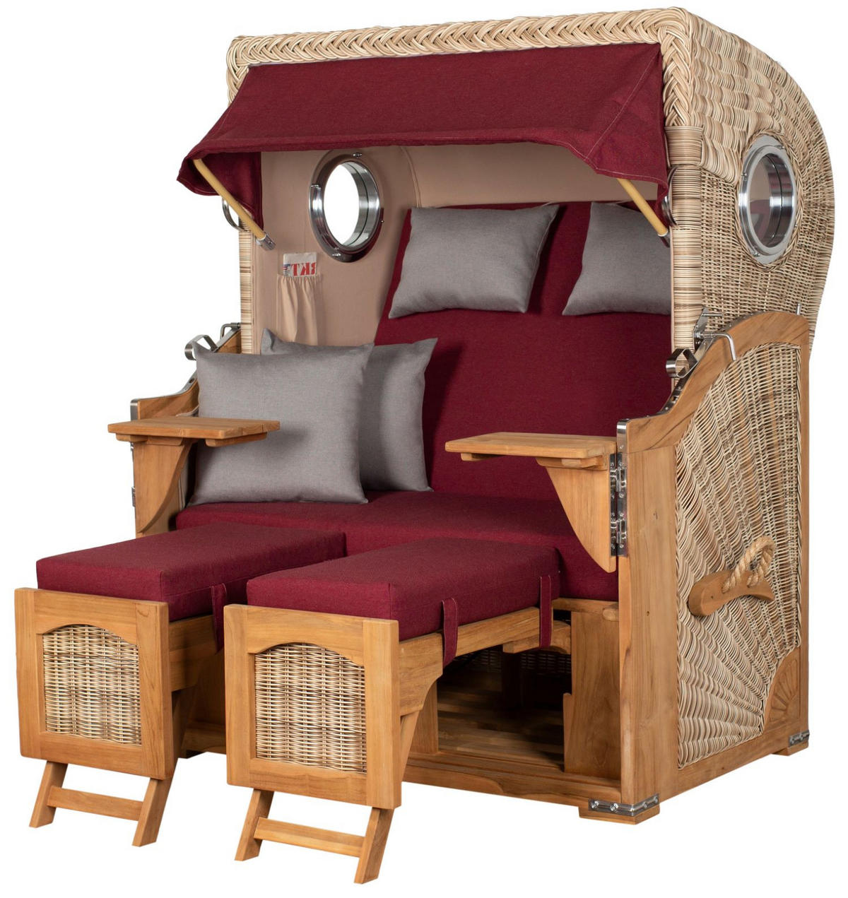 STRANDKORB Komplettset: Ammersee Teak Bullauge - PE shell - Modell 594 - Rot/Grau, Holz/Kunststoff (125/165/80cm) - bene living