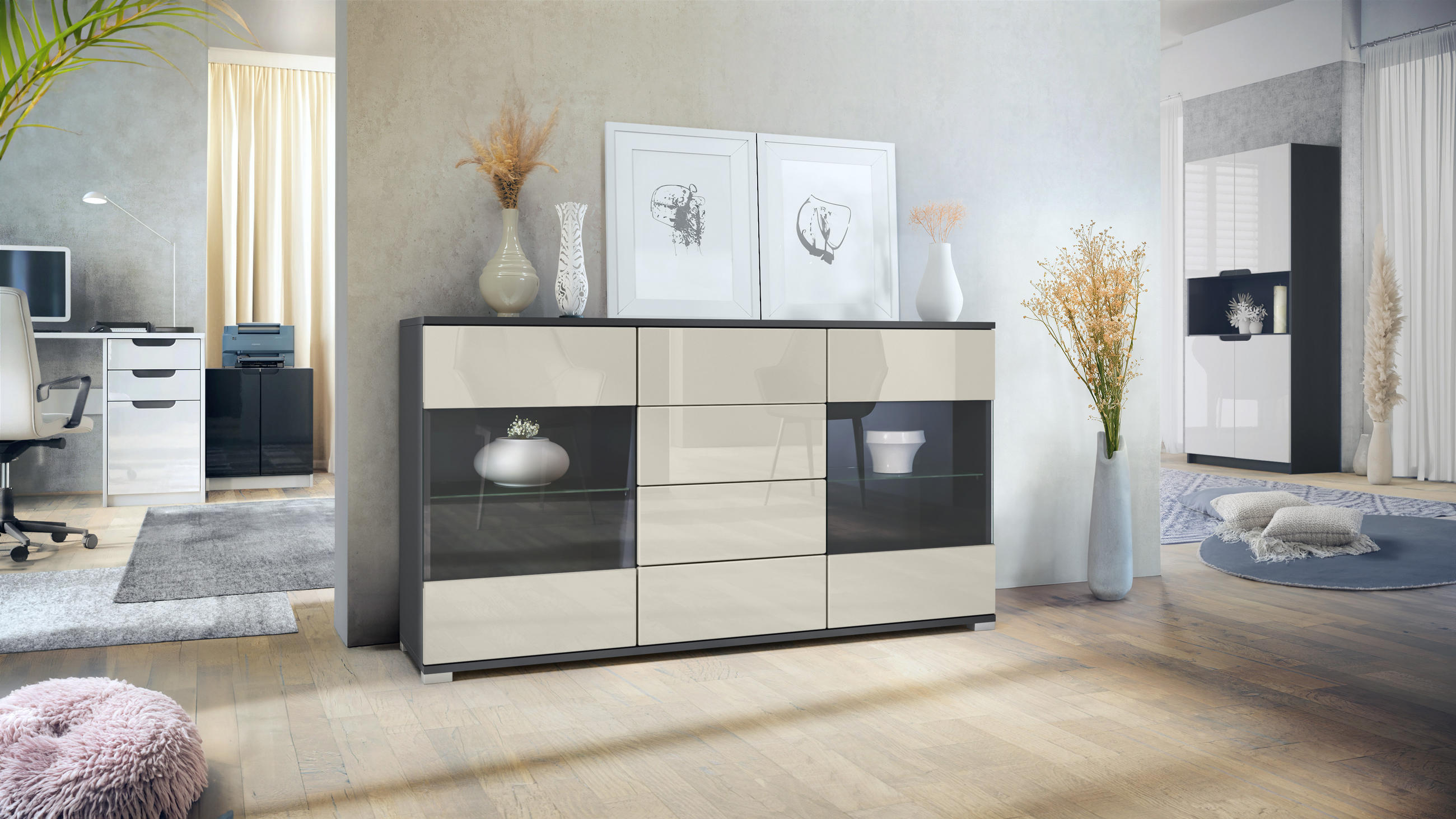 SIDEBOARD Bari Creme Hochglanz - Creme, Holzwerkstoff (138.5/75.5/35cm) - Vladon