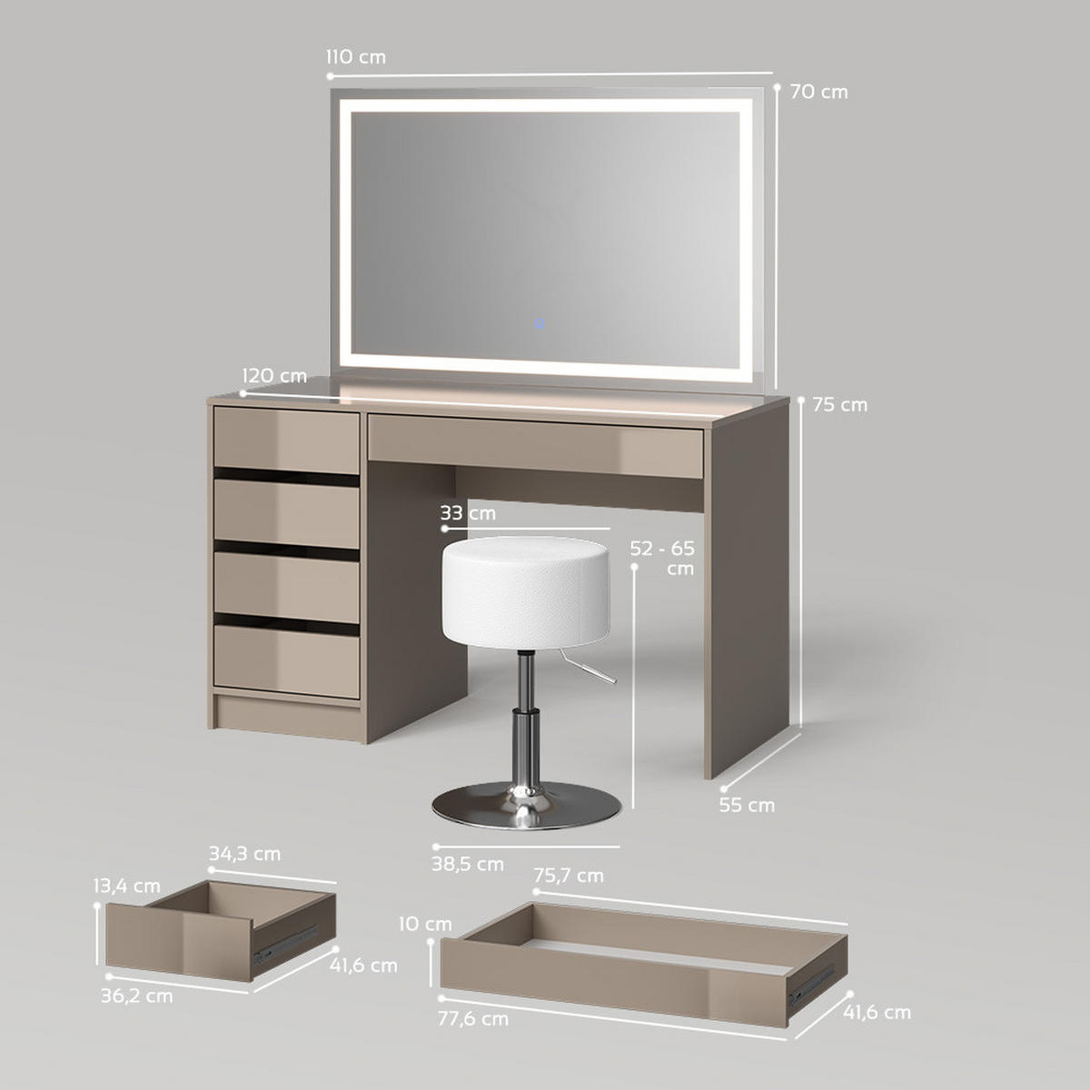 SCHMINKTISCH Imola Greige mit LED-Spiegel und Hocker - Greige, Holzwerkstoff (120/75/55cm) - Livinity®