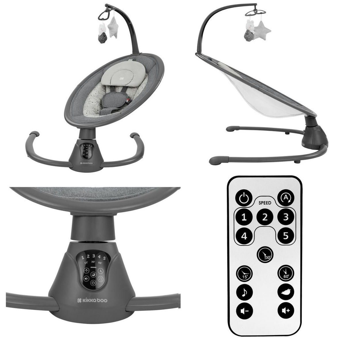 BABYWIPPE Twiddle dunkelgrau 5 Schaukelgeschwindigkeiten, Fernbedienung, Timer, 5-Punkt-Gurt - Grau, Metall - Kikka boo