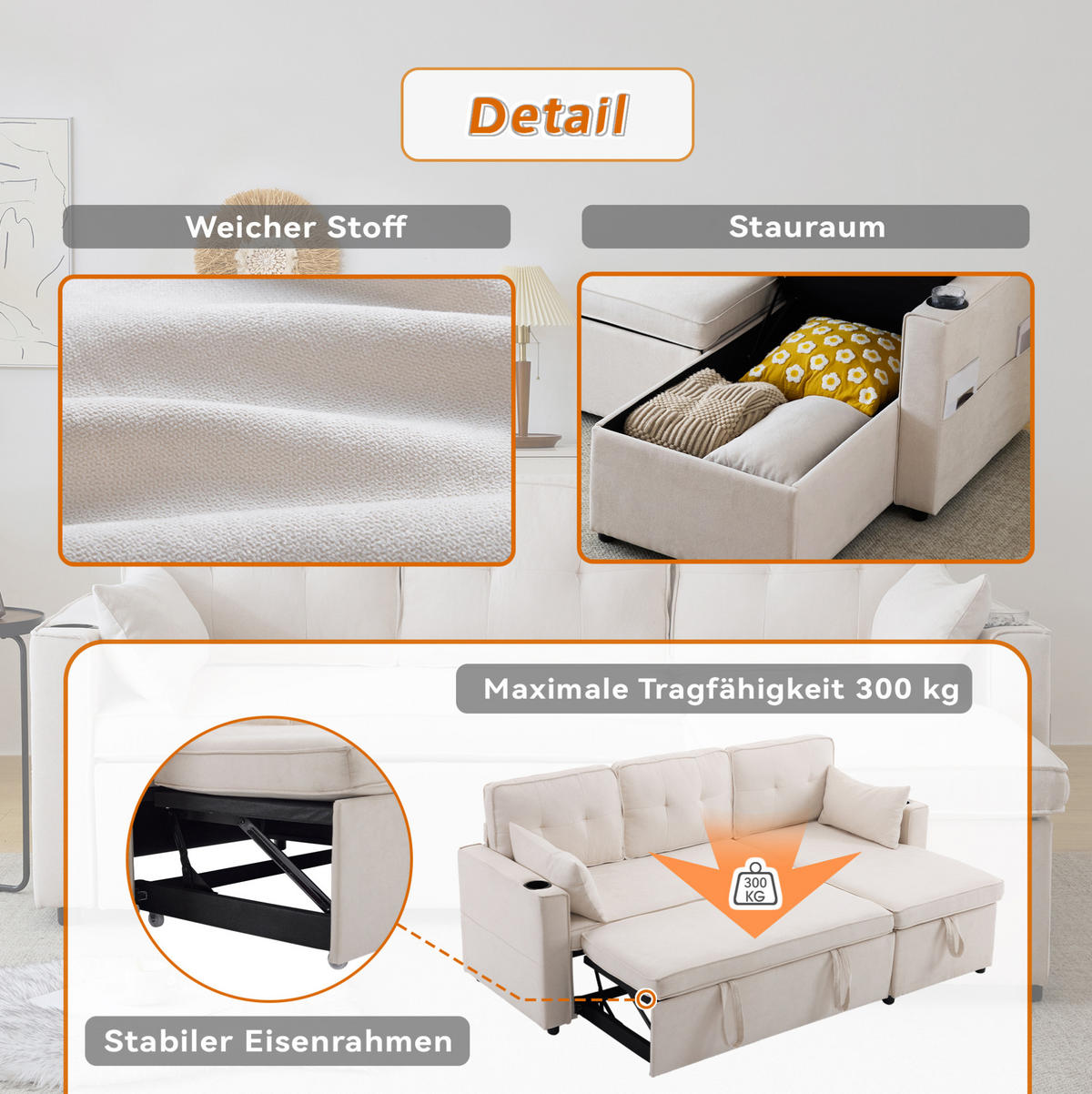 SCHLAFSOFA aus Baumwoll-Leinen mit Stauraum & Getränkehaltern, 211/130/86 cm, Beige - Beige, Textil (130/86/211cm) - Redom