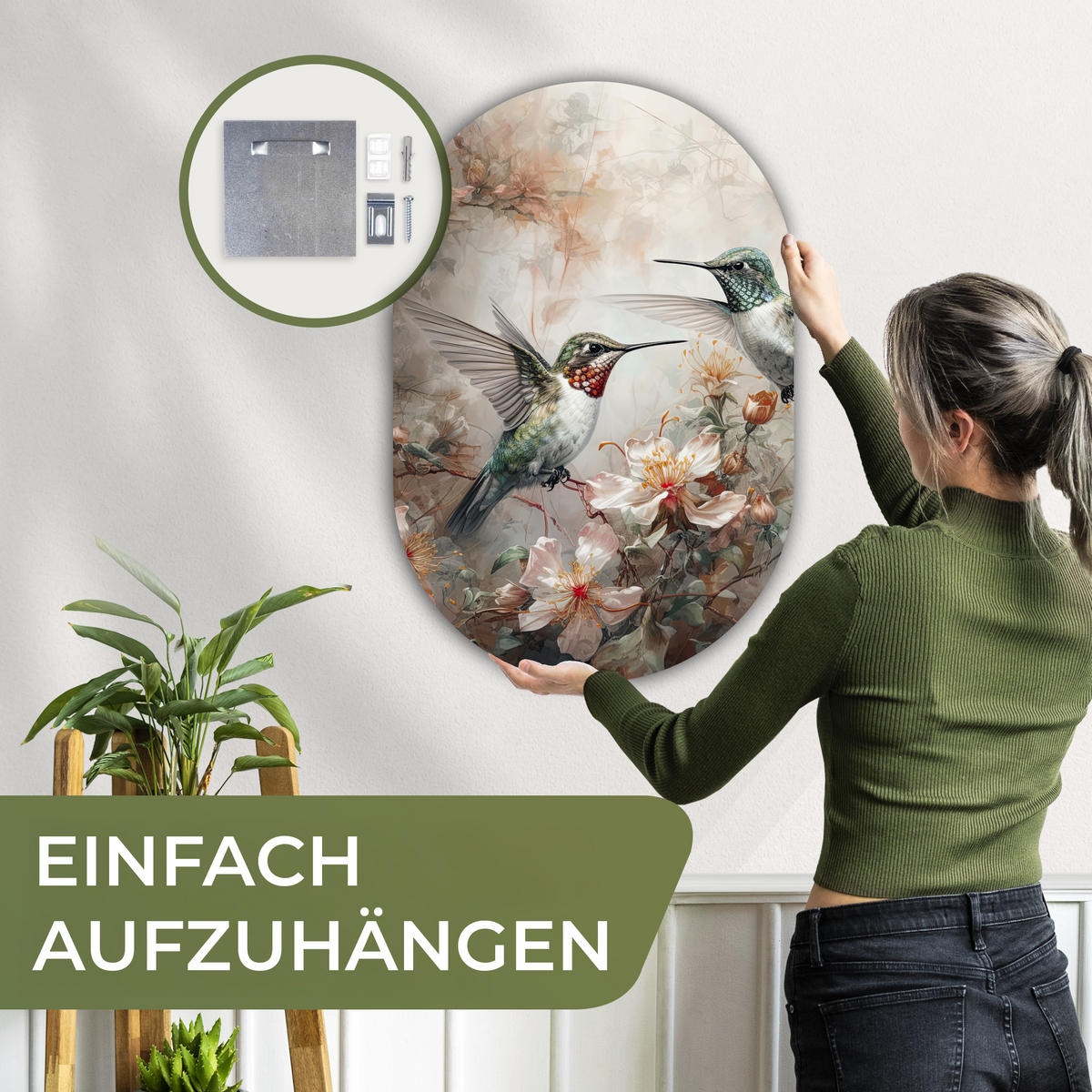 WANDBILD Kolibri - Vögel - Blumen - Pflanzen 60x90 cm - Hellgrün, Kunststoff (60/90cm) - MuchoWow