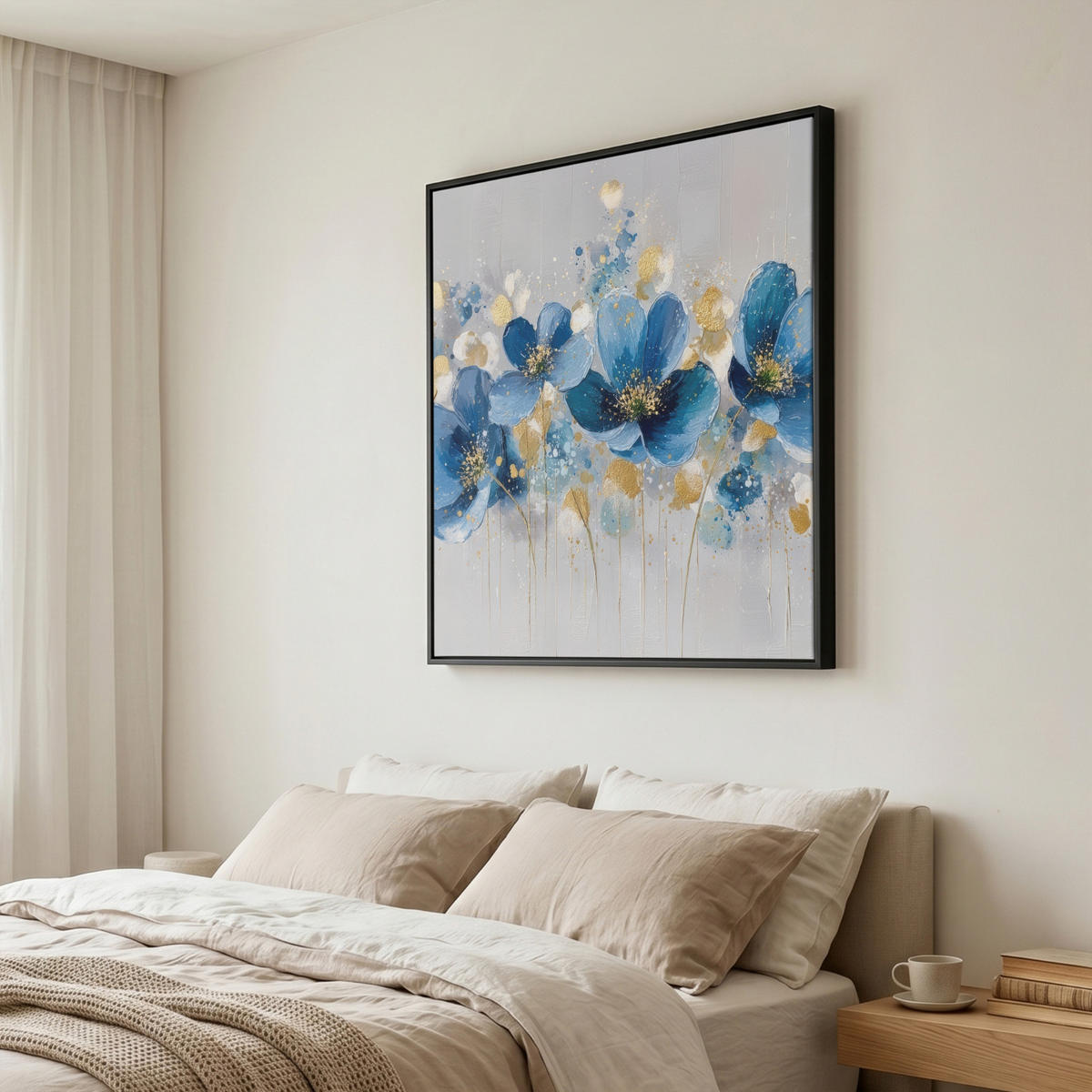 LEINWAND Bilder mit Rahmen - Blumen - Blau - Abstrakt - 90x90 - Hellgrau, Textil (90/90cm) - MuchoWow