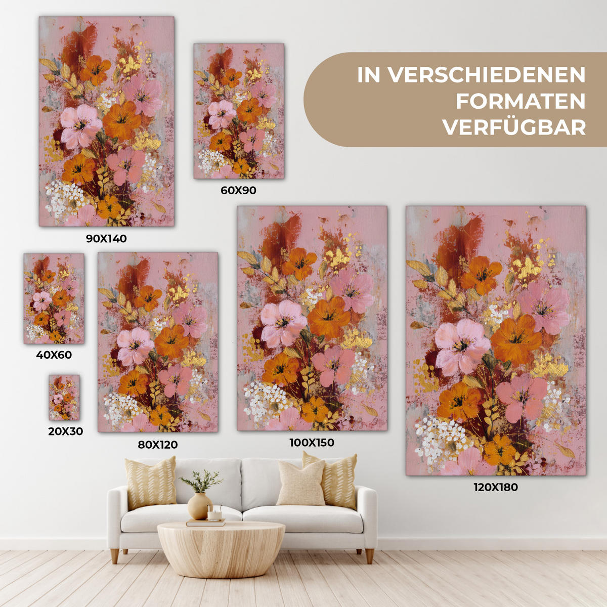 LEINWANDBILD Malerei - Blumen - Rustikal - Rosa Deko Groß 90x140 cm - Altrosa, Textil (90/140cm) - MuchoWow