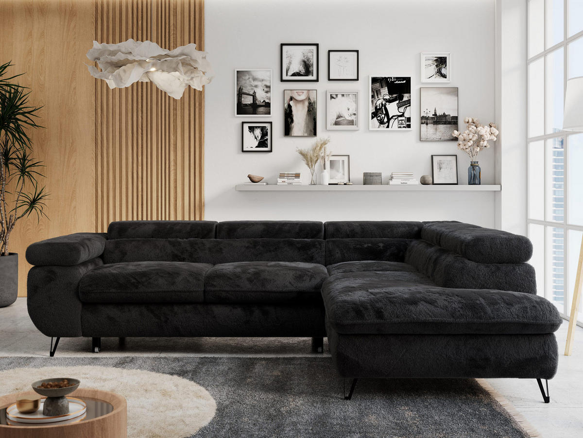 ECKSOFA PETER L Schwarz Plüsch - Rechts Seite - Schwarz, Textil/Metall (273/208cm) - MKS